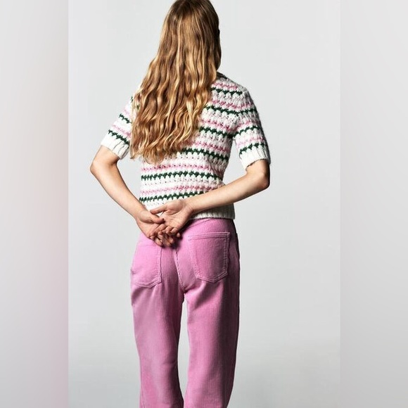ZARA Crochet Striped Short Sleeve Knit Sweater Cream Pink Green Size M - Picture 2 of 11